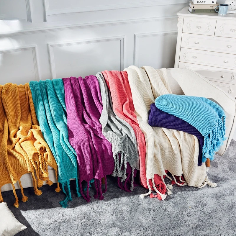 

Nordic Solid Color Handmade Braid Woolen Blanket Knitted Tassel Sofa Bed End Blanket Model Room Thick Line Nap Blanket