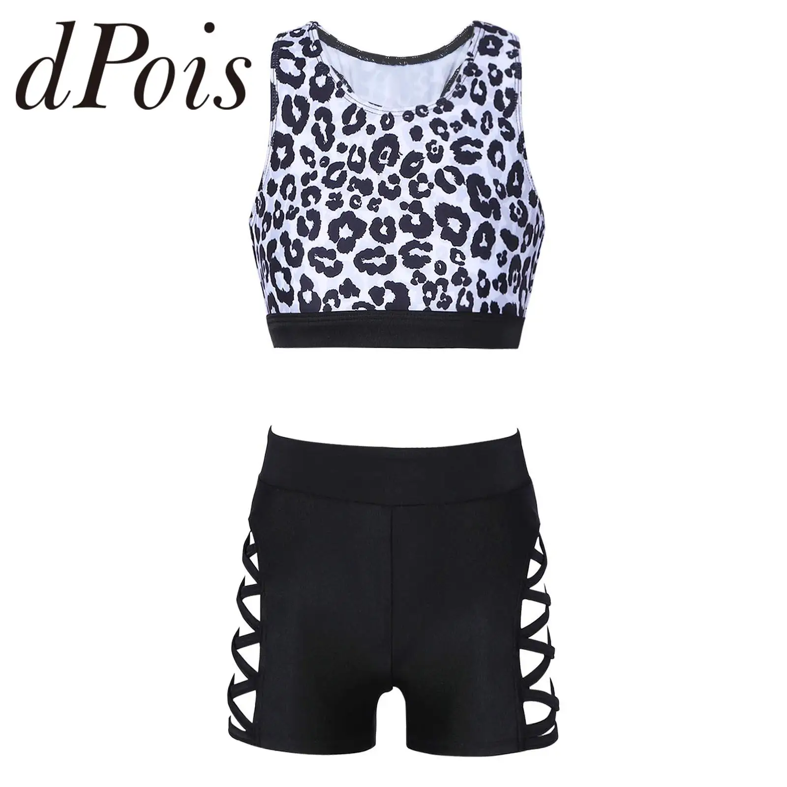 

Купальный костюм для девочек из двух предметов, жилет с леопардовым принтом укороченный топ + шорты, комплект для занятий йогой, спортивный ...