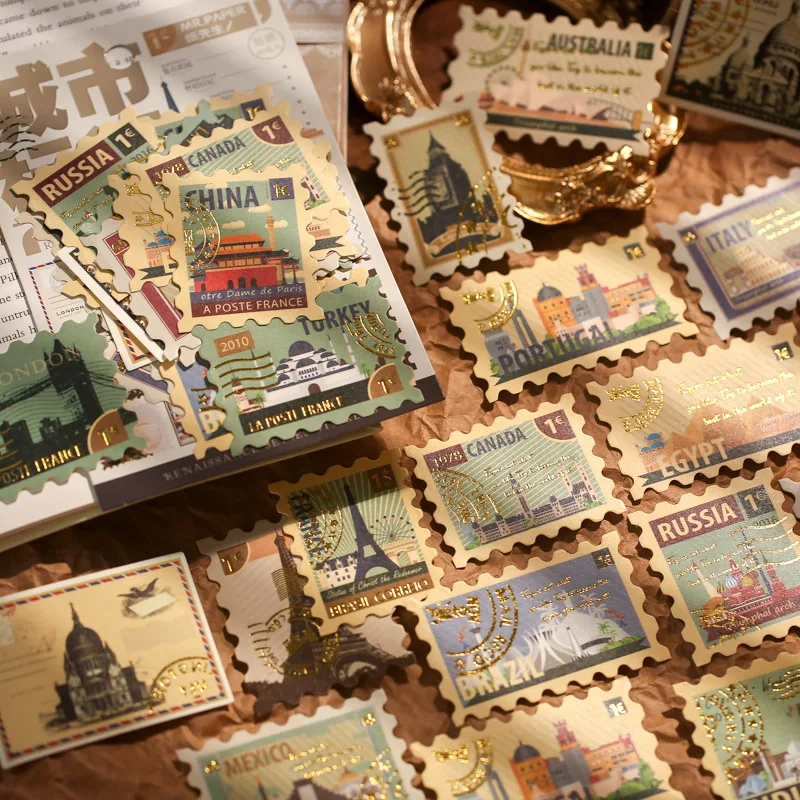 

40Sheets Bronzing Vintage Washi Sticker Bag Literature Creative Gold Print Stamp Decorative Scrapbooking Stationery Stickers