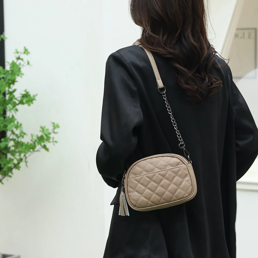 

Women Genuine Leather Handbags Solid Color Diamond Grid Ladies Shoulder Bags Sewing Designer High-capacity Cross Body Purse
