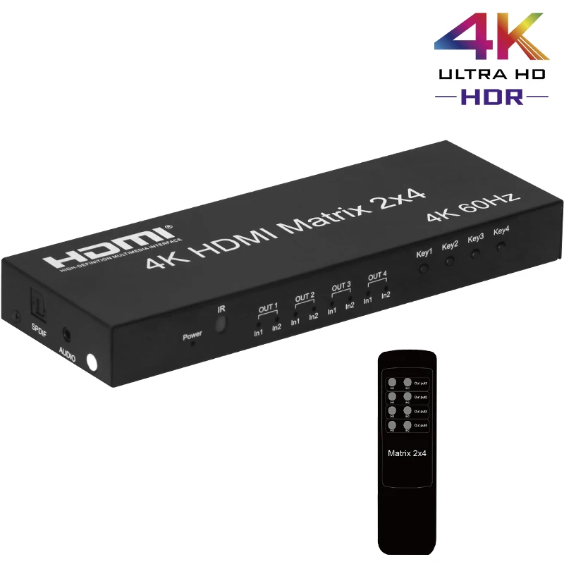 

4K@60Hz HDMI Matrix 2x4 HDMI Matrix Switch 2 In 4 Out HDMI Splitter Switcher With Audio Extractor for 4 Screen Monitor Display