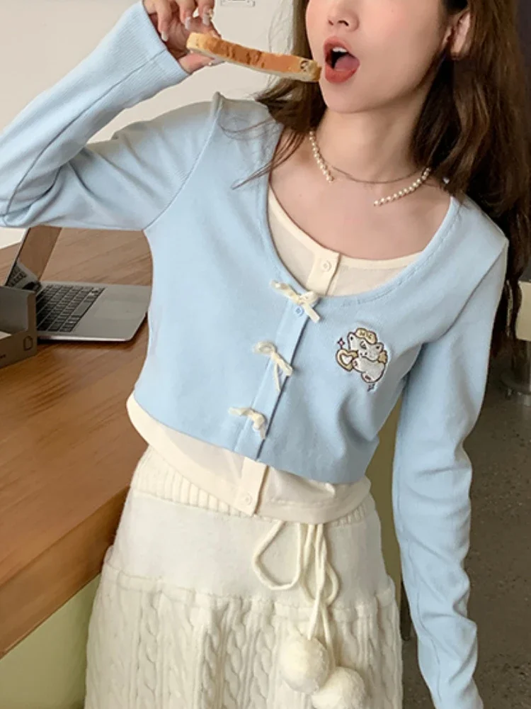 Японские кавайные топы из двух частей с имитацией Женская милая повседневная