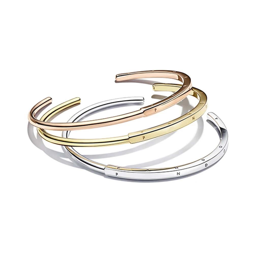 Pandora Sterling Silver Signature I-D Open Bangle Bijoux De Mode Pour Femmes Cadeaux D'anniversaire 2