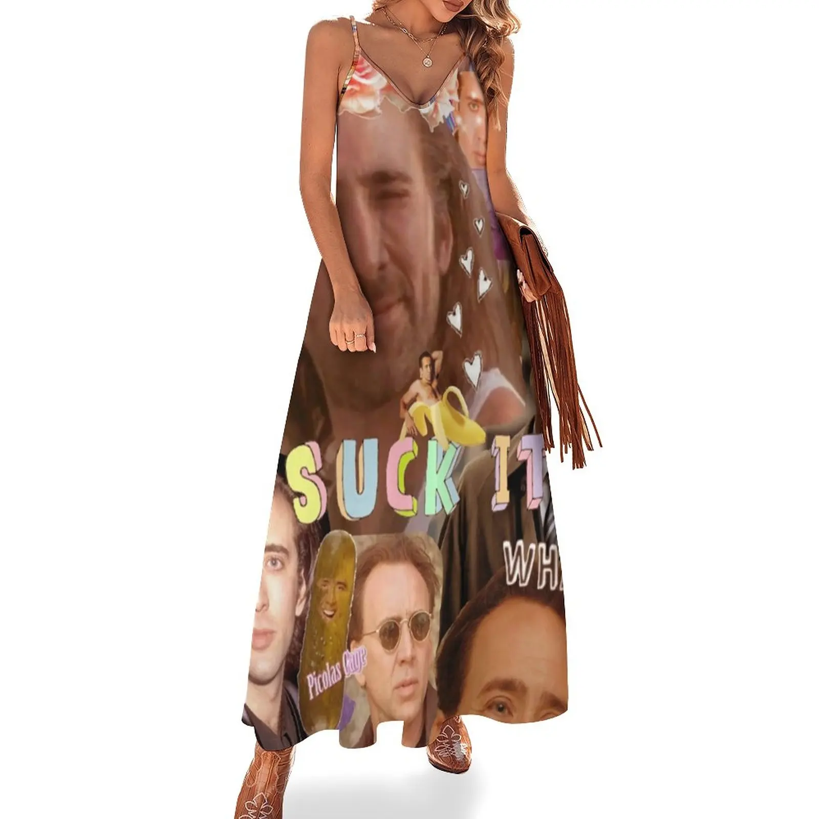 

Nicolas Cage Collage Dress Funny Memes Cute Maxi Dress Street Fashion Casual Long Dresses Holiday V Neck Oversize Vestidos