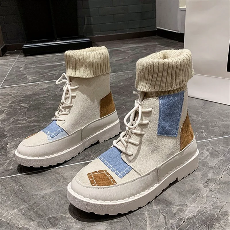 

Женские ботинки на толстой платформе, осенне-зимние кожаные ботинки в стиле пэчворк, Женские повседневные ботинки для снега в стиле ретро, м...