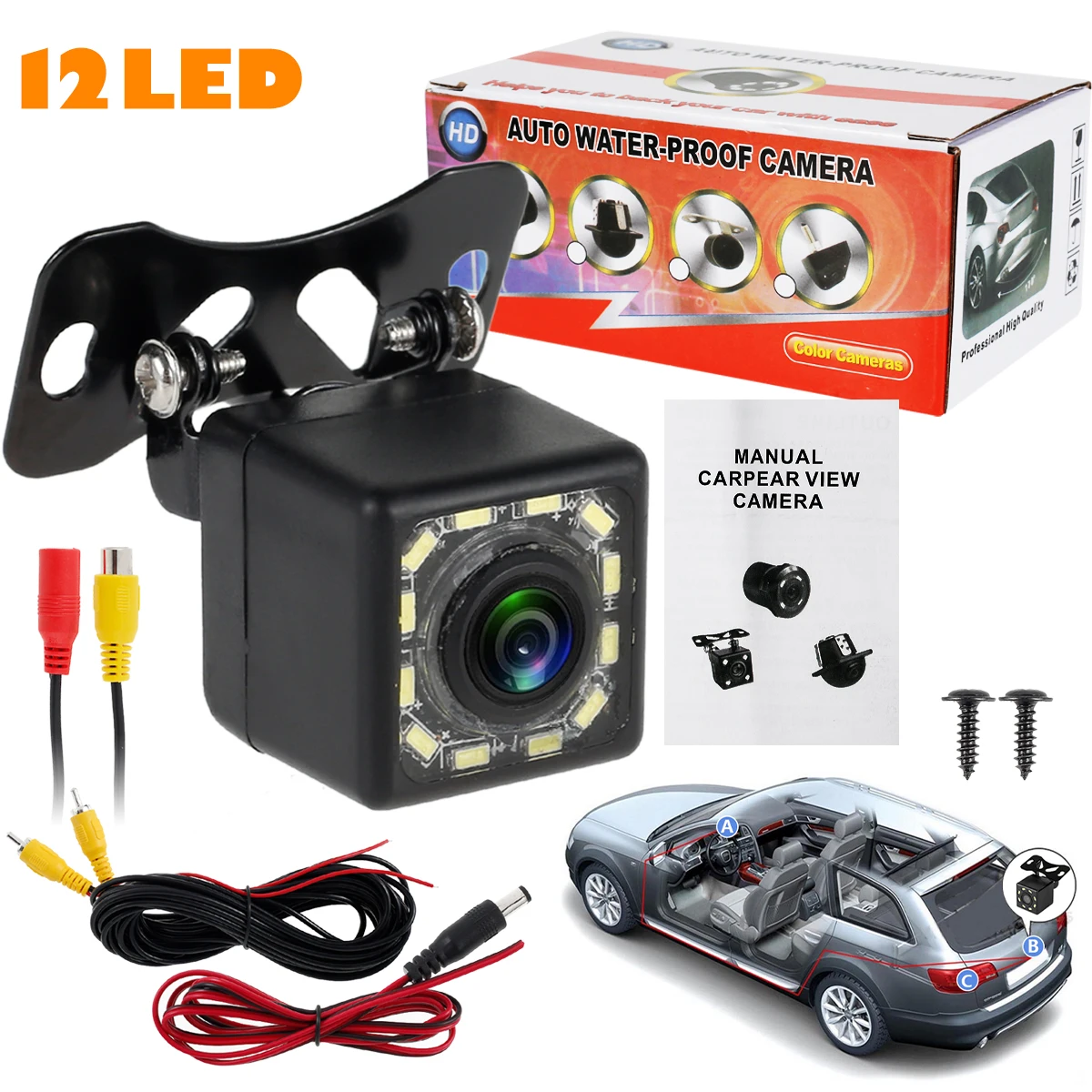 

Car Backup Camera 12 LED Night Vision Car Rear View Camera 12V IP66 Waterproof Car Reversing Camera 170 Degree Wide Viewing
