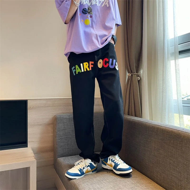 New American High Street Jeans Men's Lightning Design Sense Washed Jeans Straight Leg Loose Casual Pants Fashion Men Streetwear