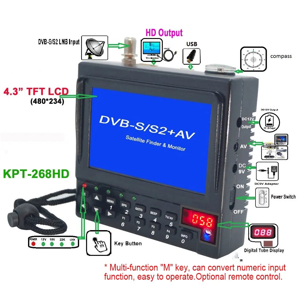 Фото Измеритель уровня сигнала спутникового телевидения DVB-S2 HD MPEG-4 DVB-S/S2 MPEG-4 AVS/AVS+ HEVC(H2.65) ABS-S KPT-268HD №4