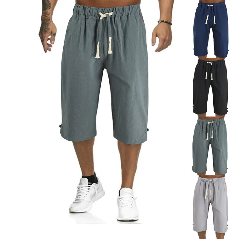 Harem Beach Linen Capri Pants Mens Cargo Trouser Casual Elastic Waist Linen Baggy Drawstring Pocket Loose Shorts