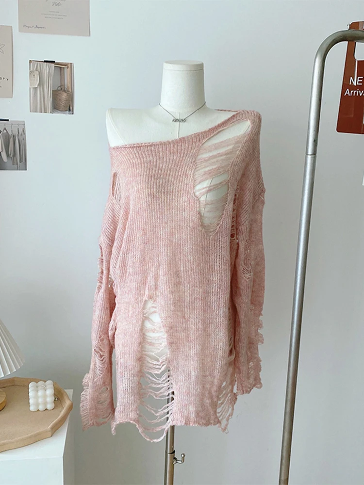 

Women Autumn Winter New Crew-neck Off Shoulder Thin Section Ripped Knitwear Baggy Long Sleeve Solid Color Knitted Sweater Cozy