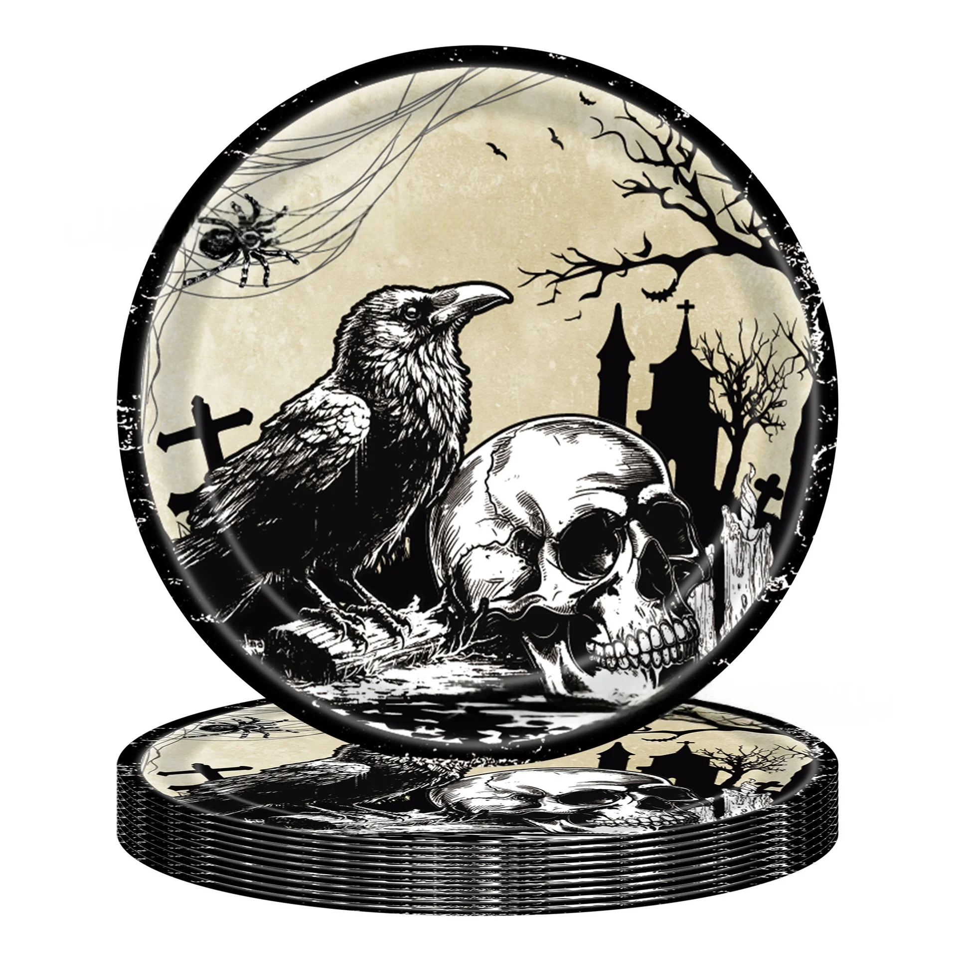 

20 Шт., Одноразовые Бумажные Тарелки С Тематическим Скелетом И Вороной На Хэллоуин Для Вечеринки, Набор Украшений Для Посуды