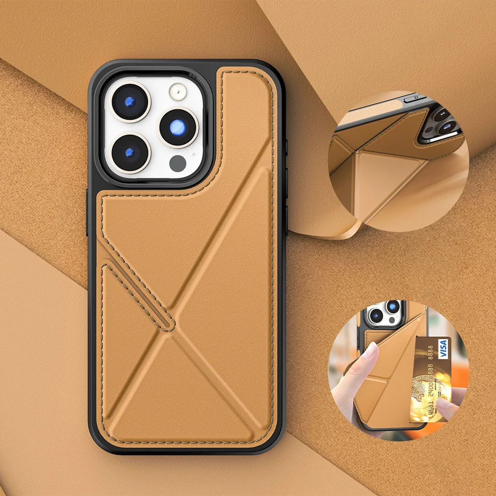 Фото Кожаный чехол для телефона с магнитной подставкой и слотом для карт для iPhone 16, 17, 12, 13, 14, 15 Pro Max, роскошный гибридный силиконовый защитный чехол №1