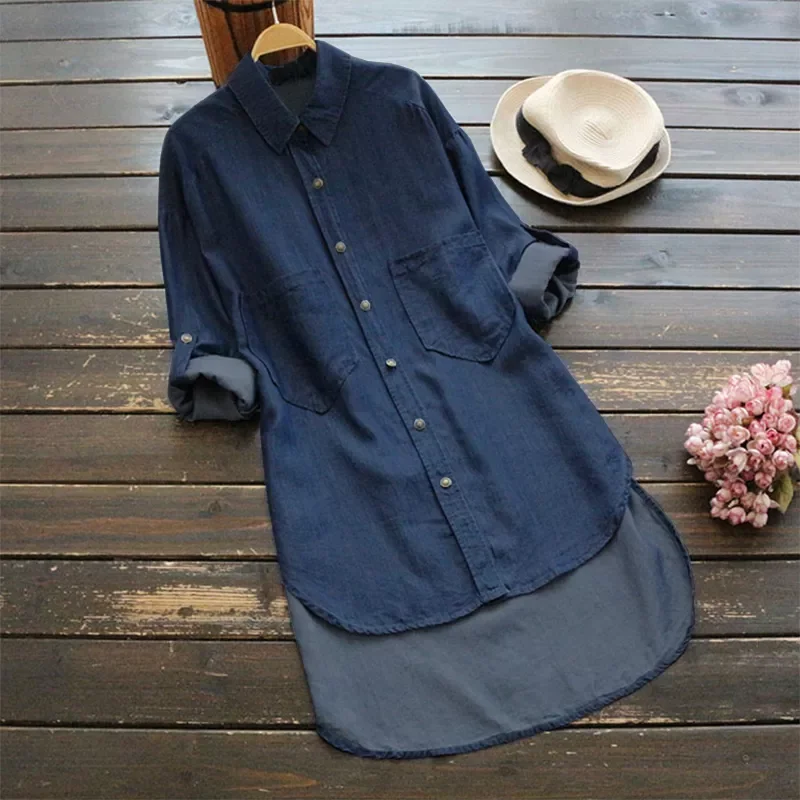 

Women Turn-down Collar Long Sleeve Imitation Jean Shirt Elegant Blouse Fashion Office Work Blusas Female Casual Blue Tops Tunic
