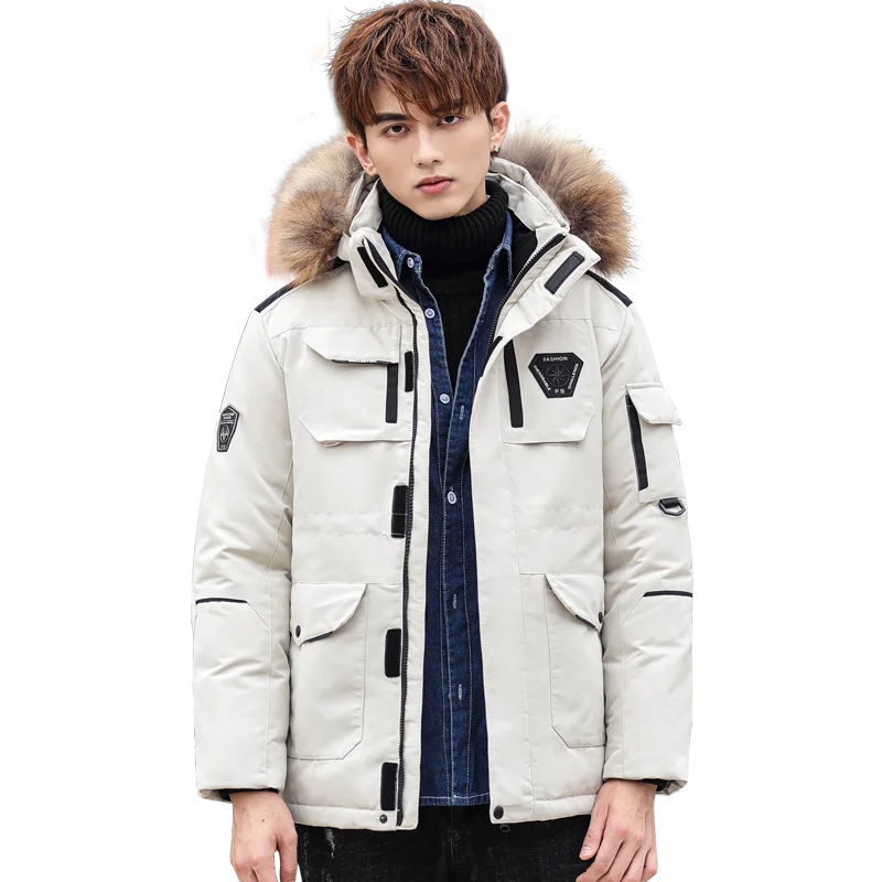 Men's fashion casual plus velvet thickened hooded down jacket duck down removable cap three-color optional duck down jacket