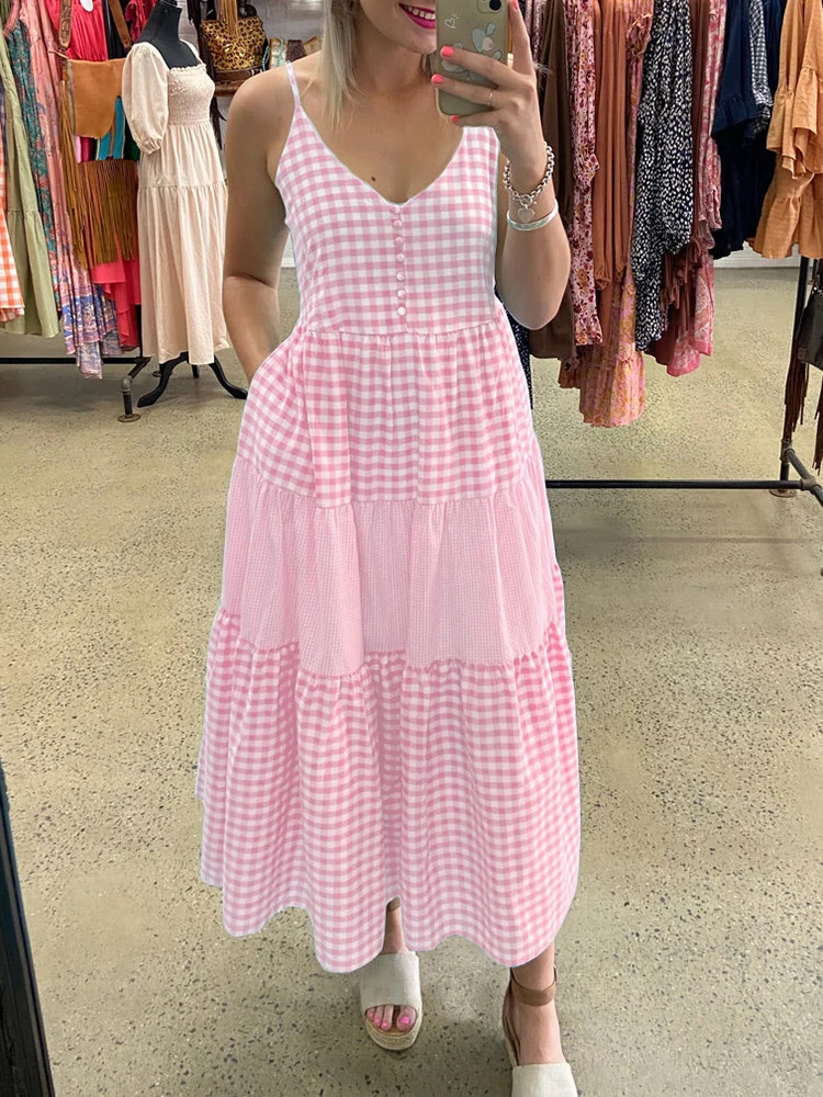 

Платье женское длинное на пуговицах, пикантное модное клетчатое вечернее элегантное пляжное с V-образным вырезом, на завязках, с широкой юбк...