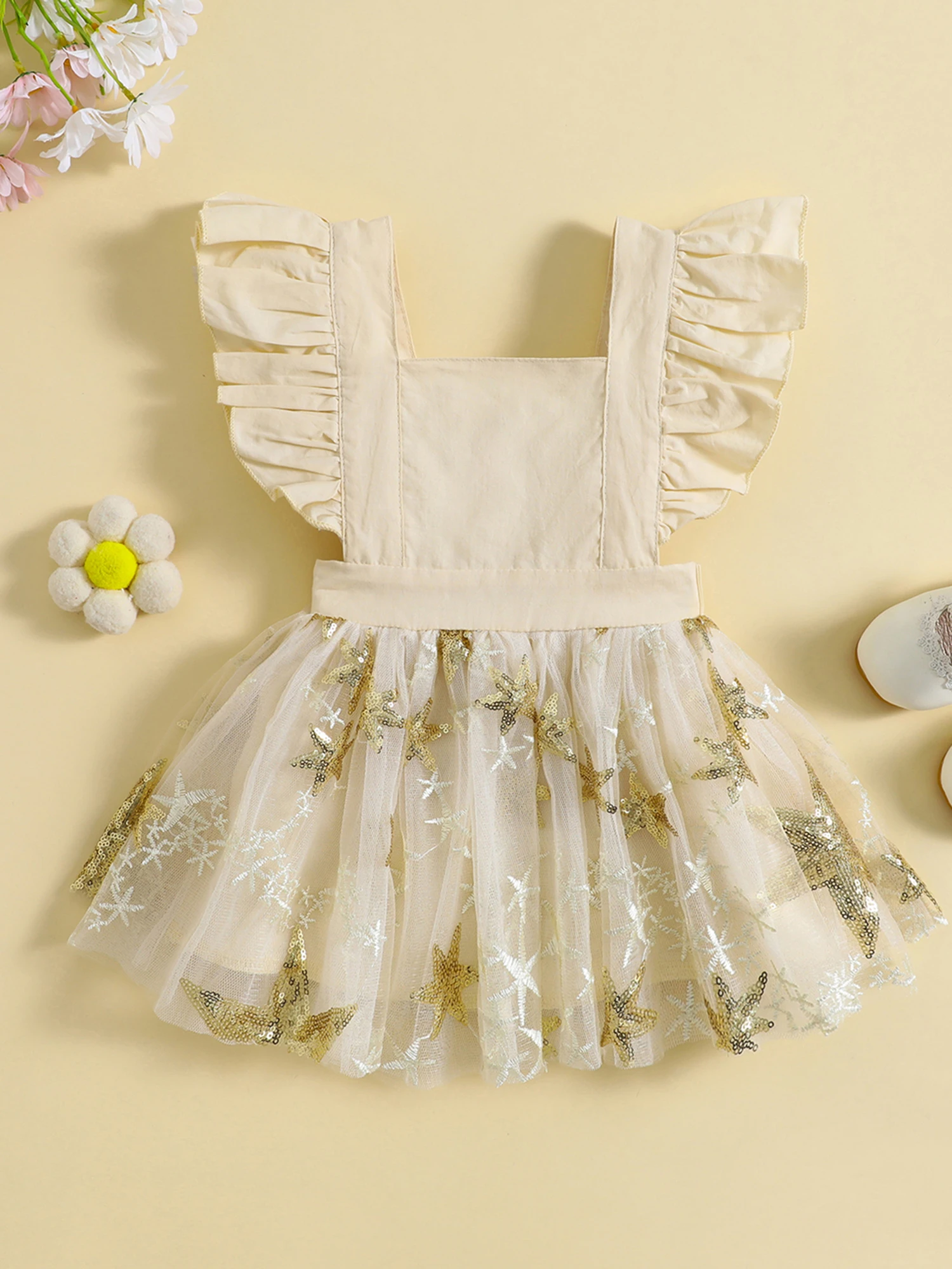 

Infant Baby Girls Dress Sequins Stars Square Neck Fly Sleeve Tie-Up Backless Dress Summer Casual Layered Tulle Dress