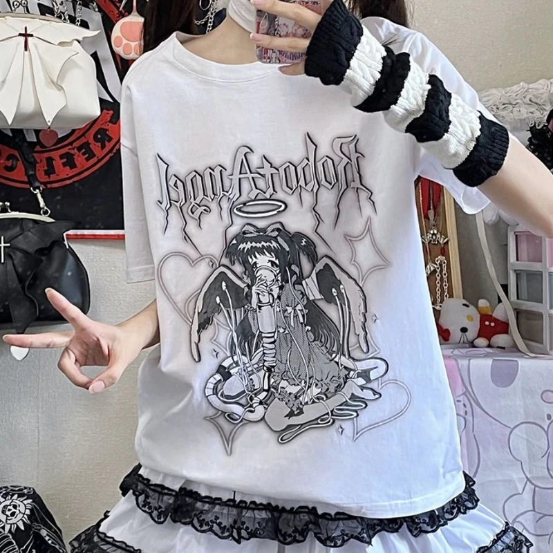 

Hikigawa Summer Harajuku Cartoon Print Loose T-shirts Casual O Neck Chic Fashion Tops Women Short Sleeve Grunge Roupas Femininas