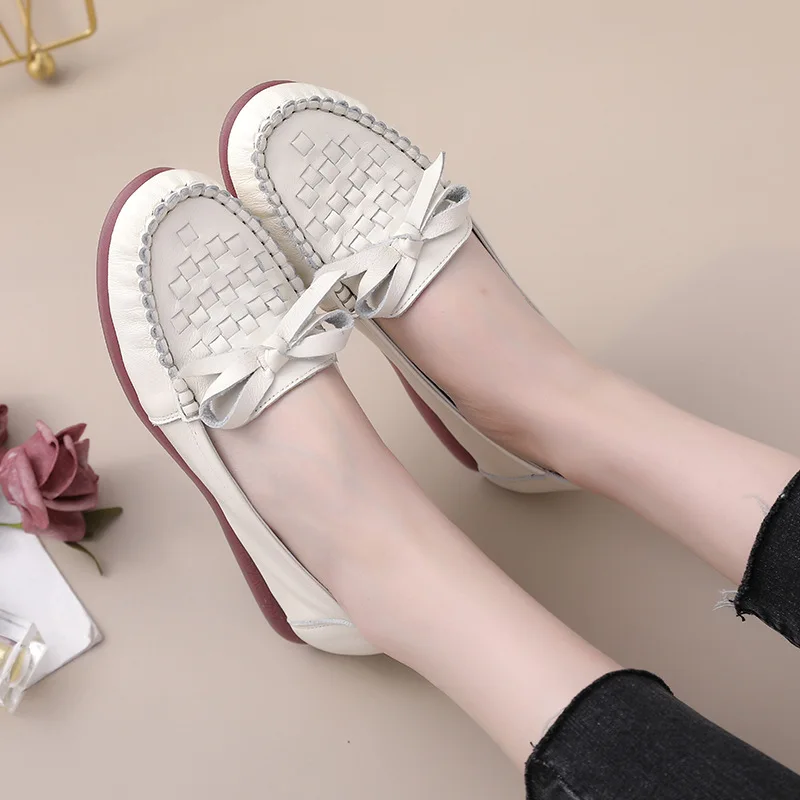 braided loafers shoes for women green butterfly knot ballet flats woman soft white moccasins ladies genuine leather flat shoes