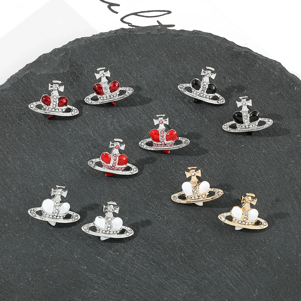 

New Fashion Drop of Oil Rhinestones Heart-shaped Saturn Earrings Light Luxury Stainless Steel Party Jewelry Perforated Accessory