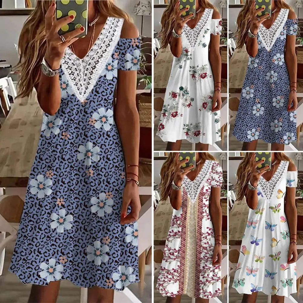 

Women Dress Super Soft Off Shoulder V-Neck Lint Free Exquisite Pattern Machine Washable Cotton Blend Women Summer Flower Print P