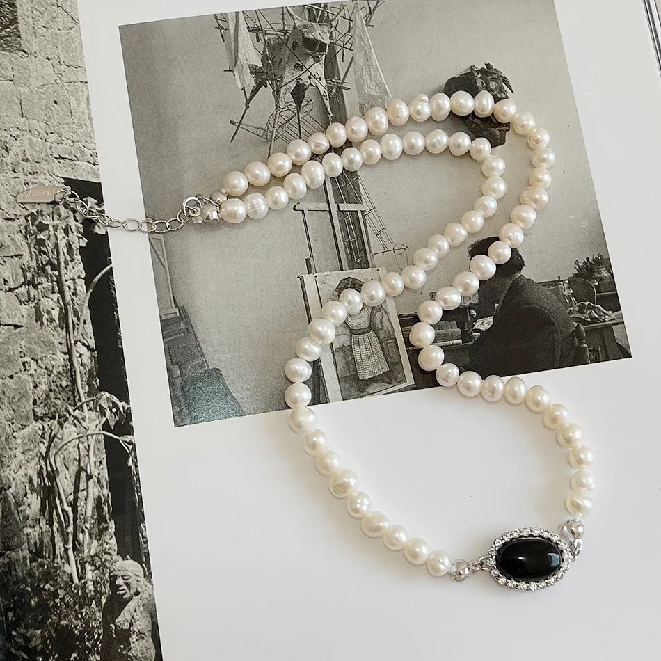 

French Style 925 Sterling Silver Black Agate Freshwater Pearl Necklace Choker Pearl Short Necklace Necklace