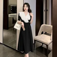 Korean version elegant 2022 summer new French retro V-neck ruffled large lapel stitching color thin long dress women