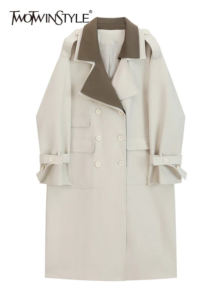 

TWOTWINSTYLE Elegant Double Breasted Windweark For Women Notched Collarlogn For Women Lapel Long Sleeve Trench Coat Female Style
