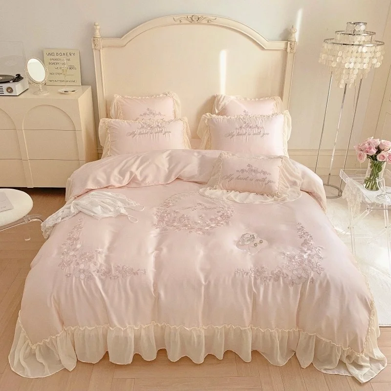 

100%Eucalyptus Lyocell Duvet Cover Set Ruffels Princess Girls White Pink Bedding set Silky Smooth Cooling Bed Sheet Pillowcases