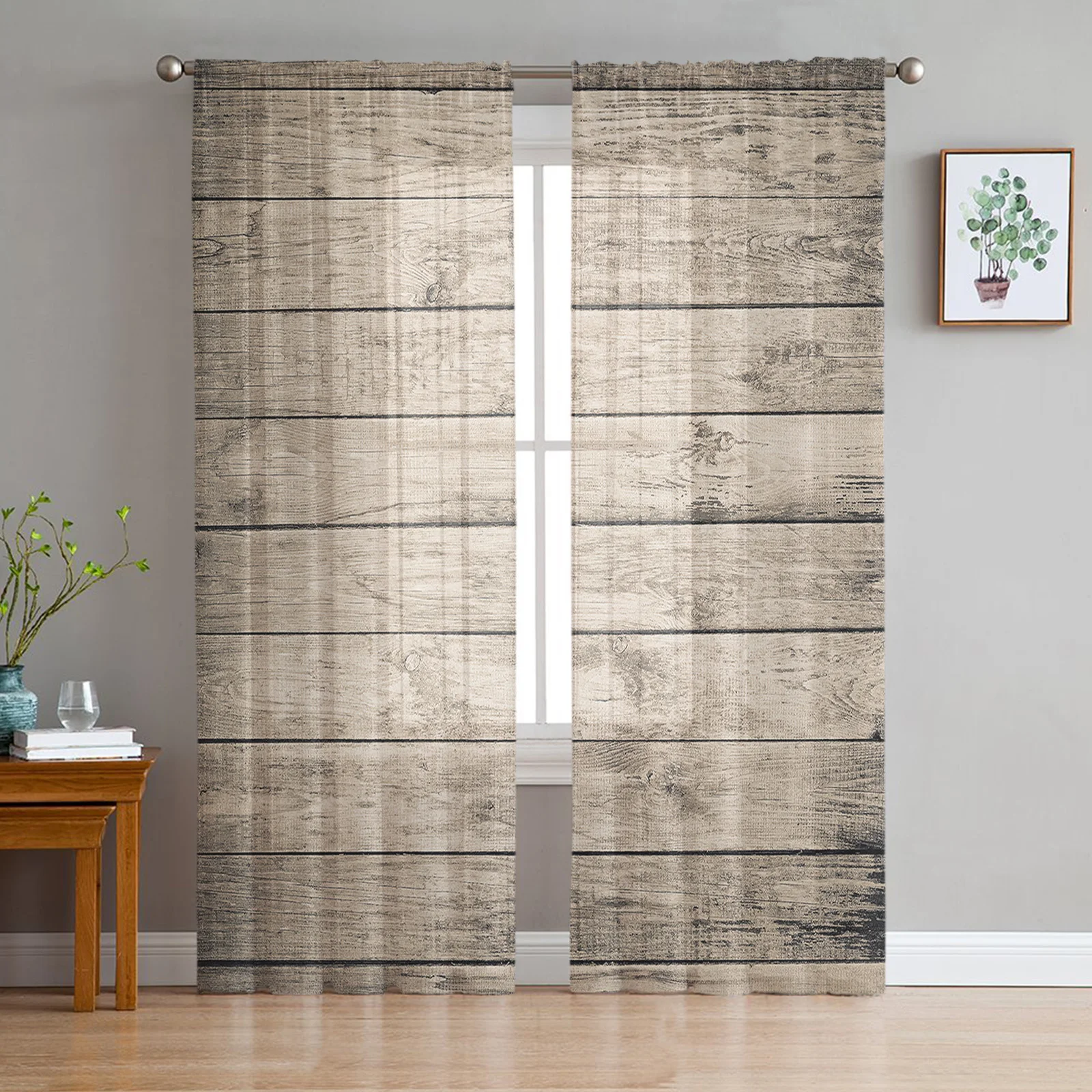 

Wood Plank Texture Tulle Curtains for Living Room Printed Sheer Voile Curtain Bedroom Window Screening Drapes Blinds Home Decor