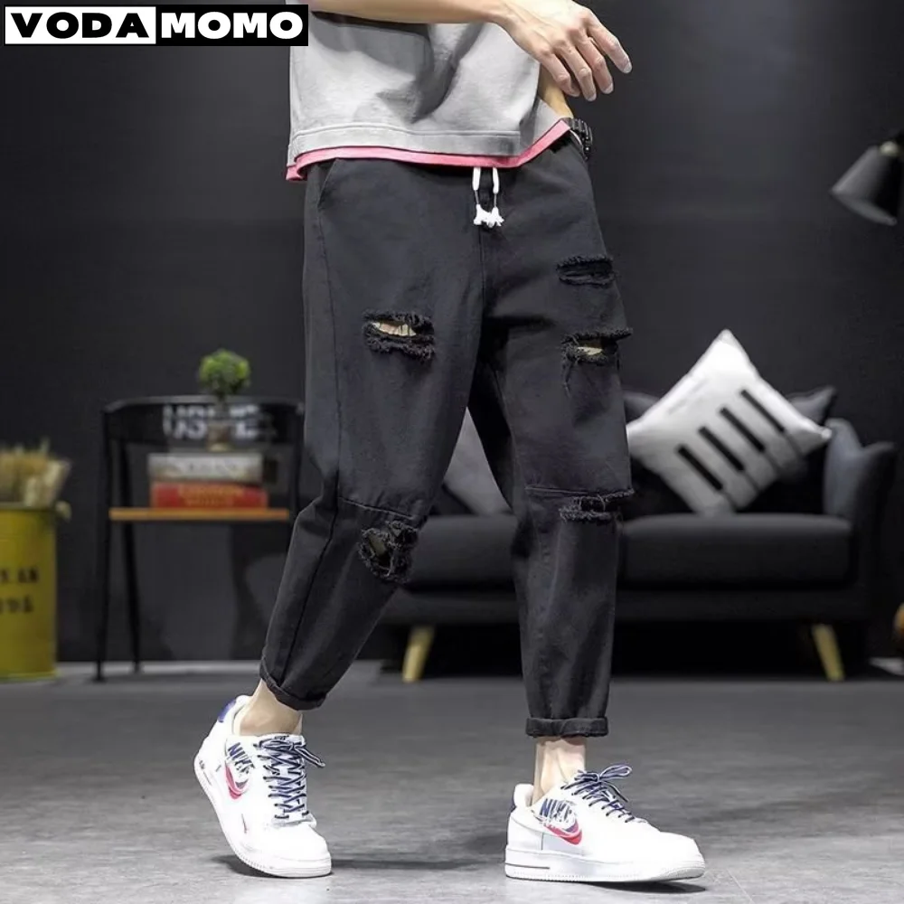 

Джинсы мужские рваные прямые, модные штаны в Корейском стиле, рваные джинсы в стиле Харадзюку, уличная одежда в стиле оверсайз, лето