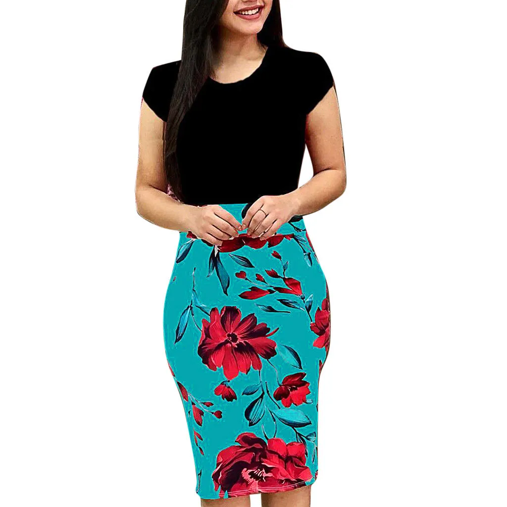 

Dress Short Sexy O-Neck Sleeve Flower Splicing Fashion Printing Buttock Women Women's Dress