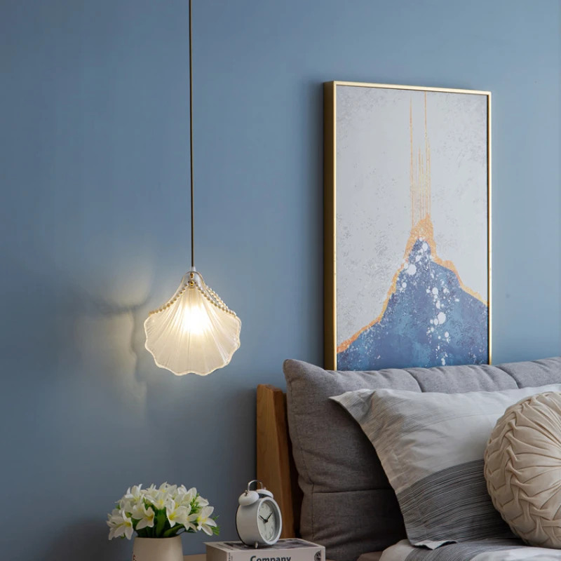 

Bedroom Study Bedside Small Chandelier Porch Bar Table Lamp Modern Simple Single Head Hanging Line Pearl Shell Lamp Lustre Led