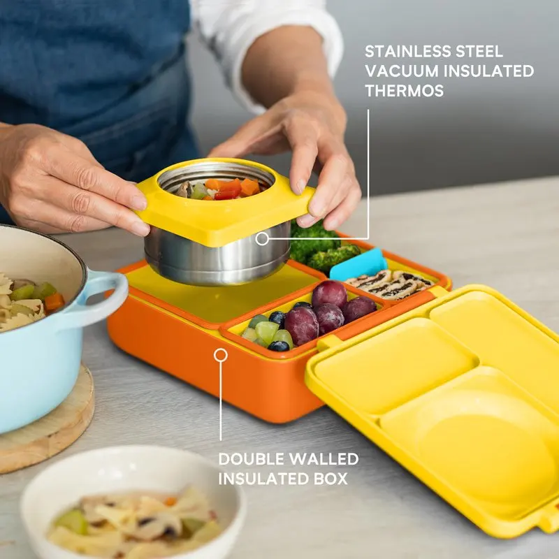 

Bento Box for kids - Insulated Bento Lunch Box with Leak Food Jar - 3 Compartments, Two Temperature Zones - (Sunshine)