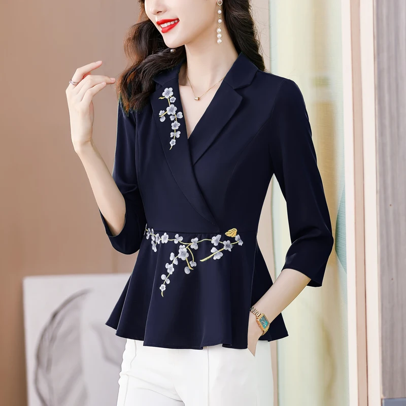 M-4XL Элегантная модная блузка с вышивкой топы рукавами 3/4 и оборками весна-лето 2023