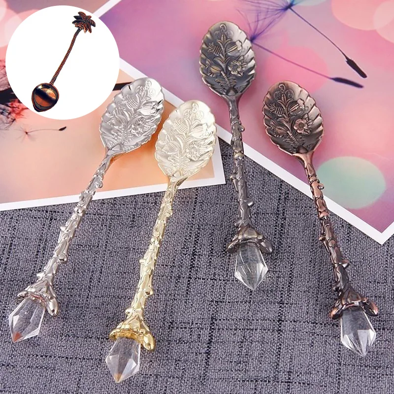 

Creative Coffee Spoons Vintage Carved Stirring Spoons Crystal Handle Alloy Flatware Dessert Tea Spoon Tableware Home Table Decor