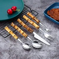 5pcs bamboo handle tableware set stainless steel cutlery set knife fork spoon dessert fork teaspoon flatware set pure natural