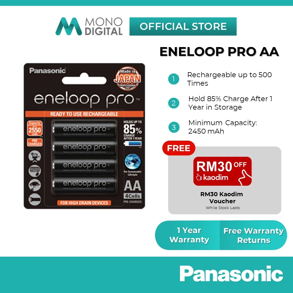 

Panasonic Eneloop Pro AA/AAA 4 cells Rechargeable Battery (2550mAh/950mAh)-4pcs [Free RM30 Kaodim Voucher]