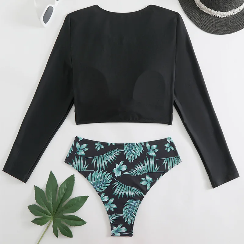 Комплект бикини с длинными рукавами и принтом купальник круглым вырезом из 2