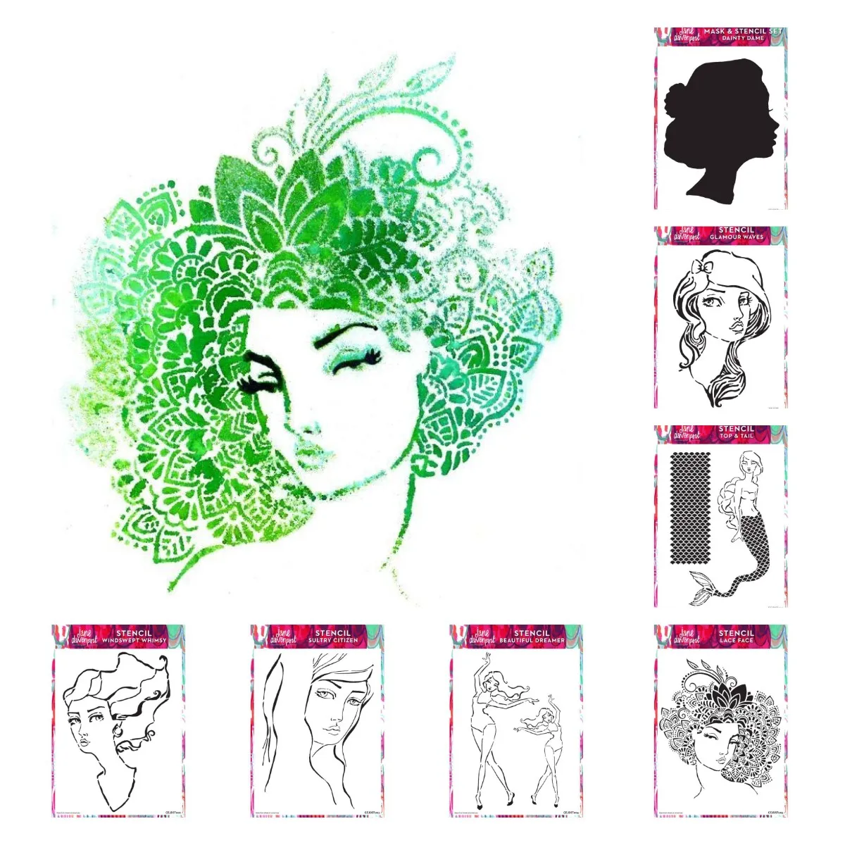 

Beautiful Dreamer Dainty Dame Top Tail Sultry Citizen lace Face Windswept Whimsy Glamour Waves Stencils for Paper Cards Coloring