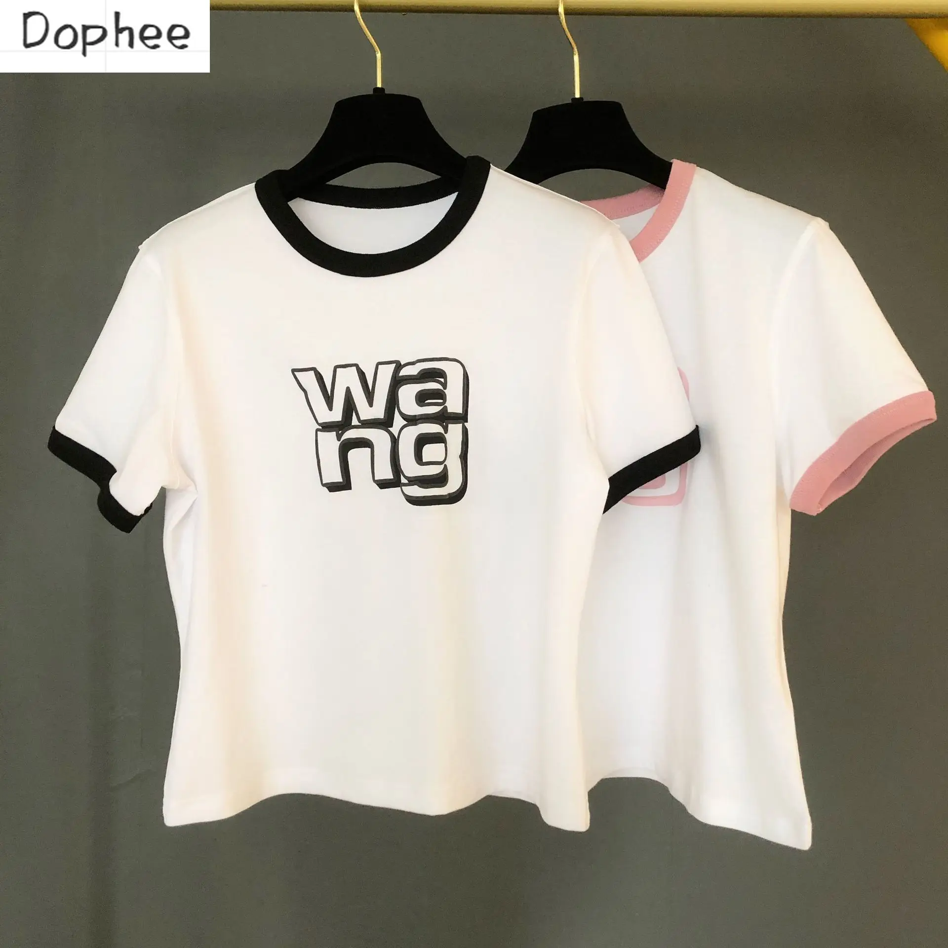 

New Summer Fashion Female Tshirts All-match Colorblock Letters Printed O-neck Pullover Top Short Sleeve Slim Cotton Crop Tees
