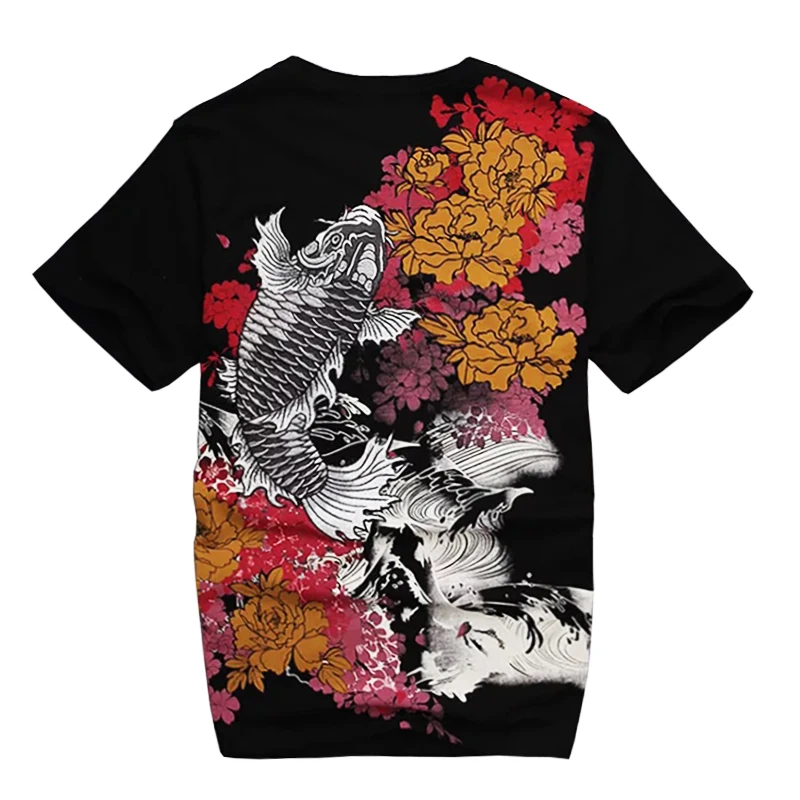 

Japanese Harajuku Ukiyoe Mens T-shirt Carp Fish Embroidery Chinese Style Vintage Embroidered Tattoo T Shirt