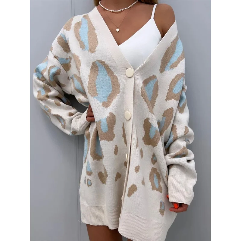 

Leopard Print Cardigan Women Long Sleeve Buttons Coats V Neck Knitted Tops Autumn Winter Clothes for Female Sweater Cardigans