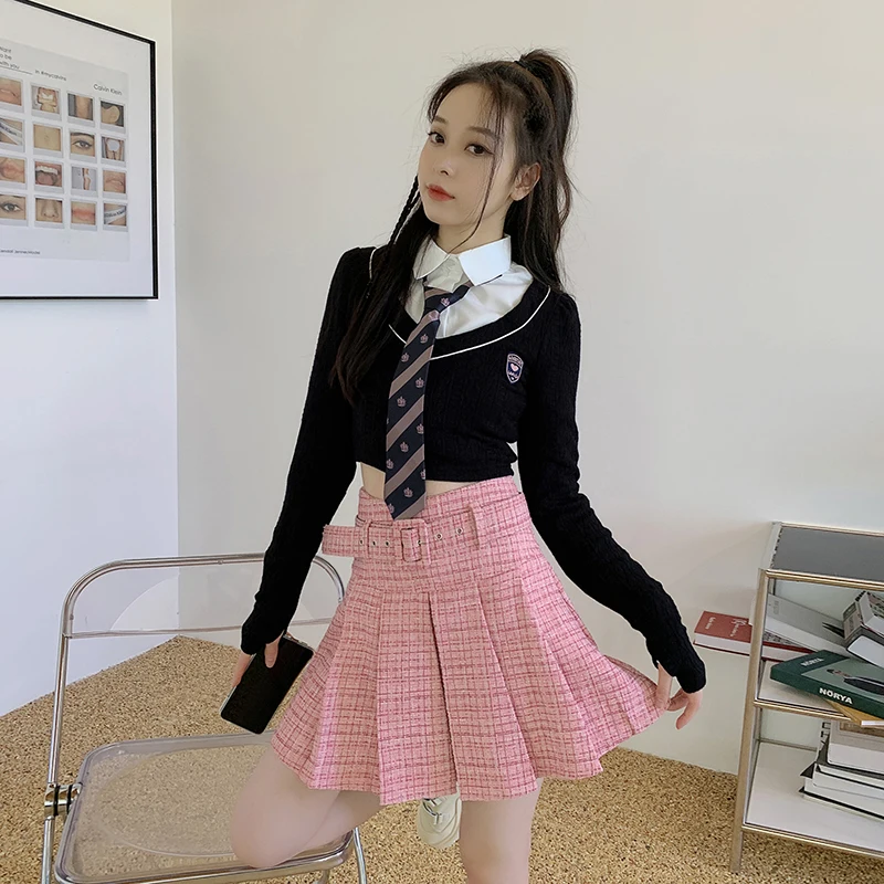 

Осенние твидовые плиссированные юбки, женская утепленная шерстяная мини-юбка с поясом, пикантная уличная одежда, повседневные шорты, юбка в...