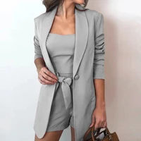 summer three pieces set office lady outfit long sleeve blazer solid color coat shorts vest set loose suit for business