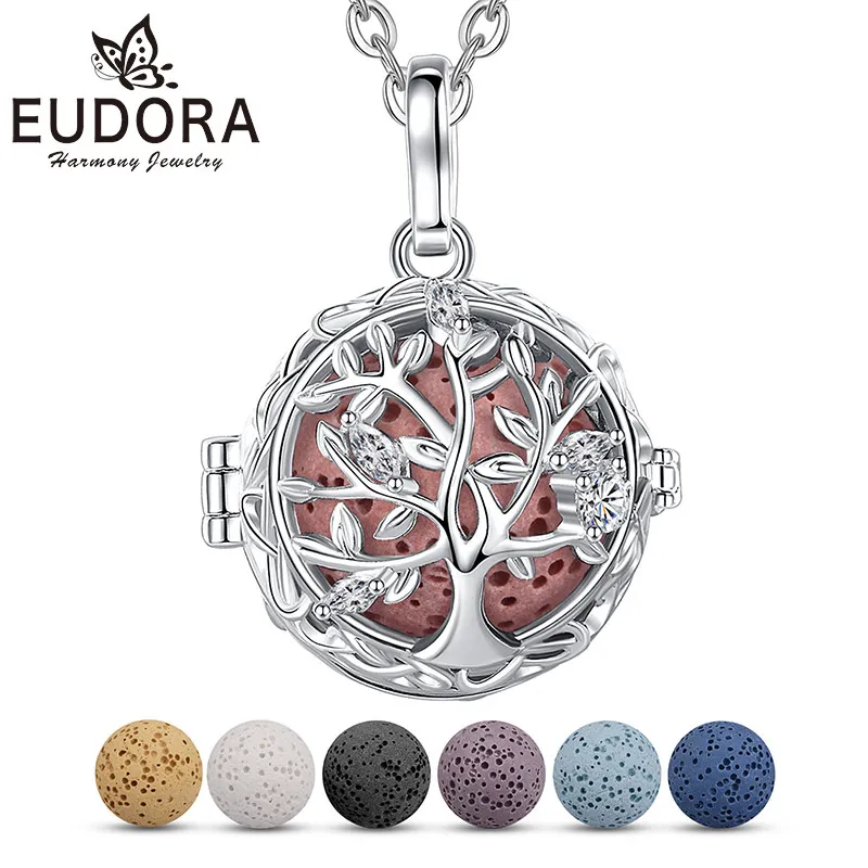 

Eudora 18mm Tree of Life Necklace Volcanic Lava Stone Aromatherapy Locket Diffuser Cage Pendant Delicate Jewelry Women's Gift