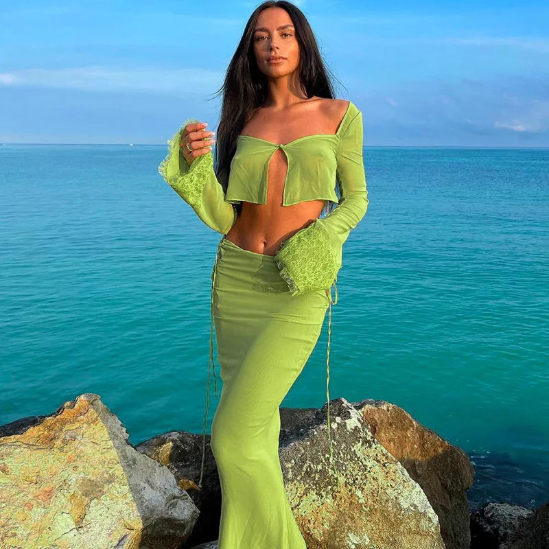 

Cutistation Green Lace Up Long Skirt Set Women Mesh Flare Sleeve Blouse Top+side Cut Out Maxi Skirts Sexy Vacation 2 Piece Glam