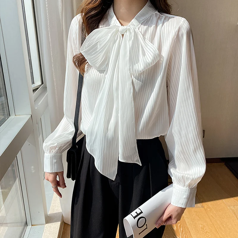 

New Arrival Spring Summer Korean Style Women Long Sleeve Bow Collar Blouse All-matched Elegant Slim Chiffon Casual Shirts V317