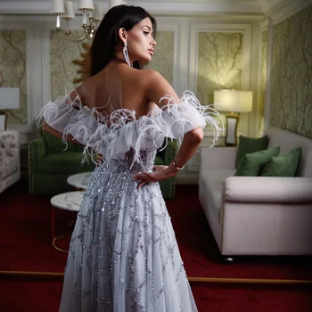 SCZ028 Luxury Dubai Feather Silver Evening Dresses Elegant Long Grey Lilac Women Formal Party Dress for Wedding Guest 2