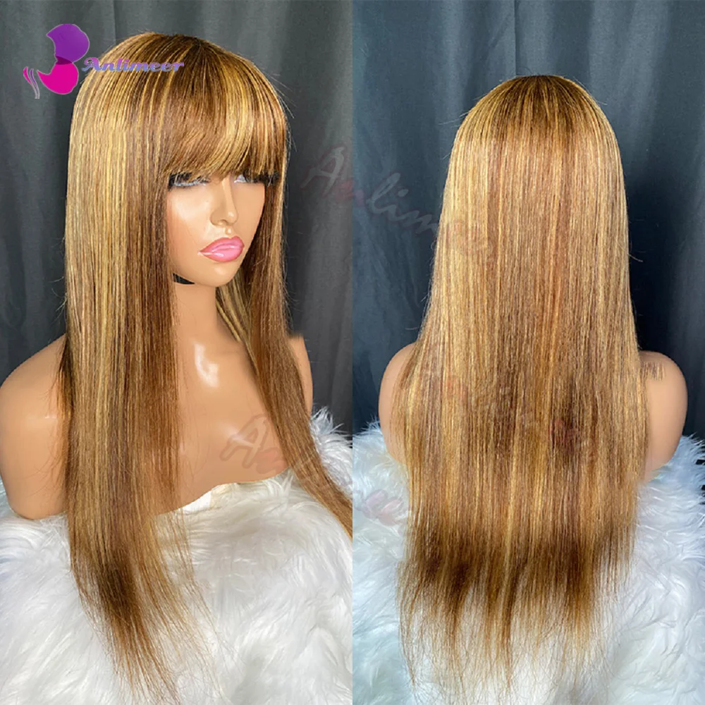 

Highlight Wig Chocolate Brown Highlight Honey Blonde Colored Wigs Human Hair Straight Human Hair Wigs with Bangs For Black Women