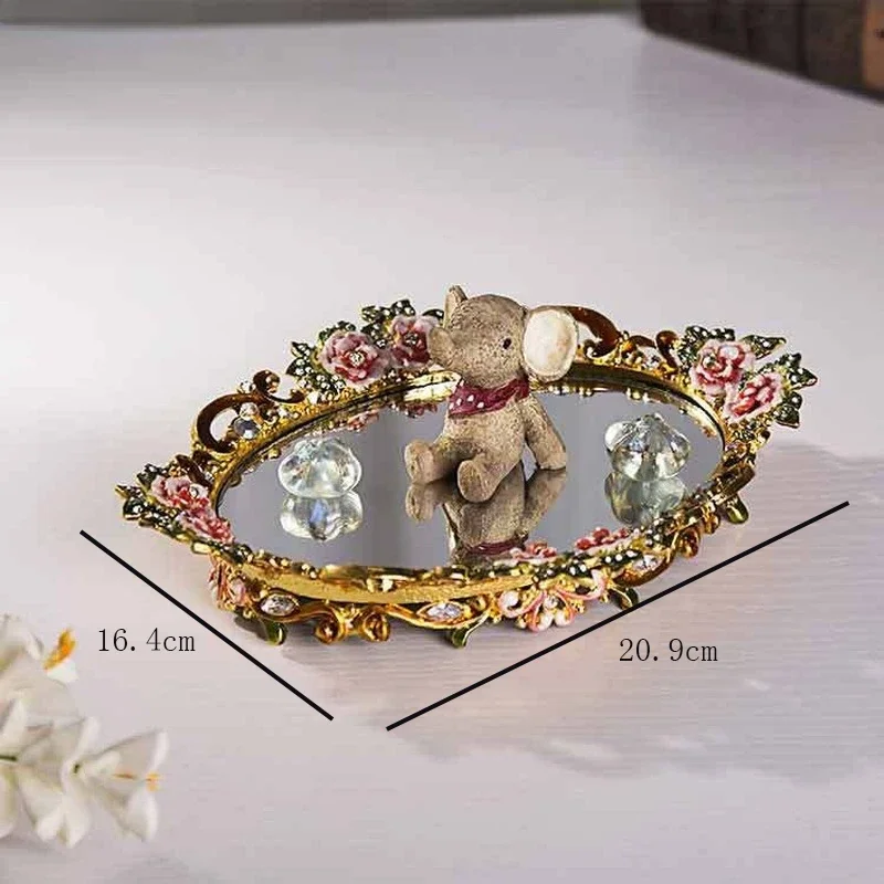 

European vintage metal mirror tray, jewelry ring storage tray, European living room decoration accessories decorative tray